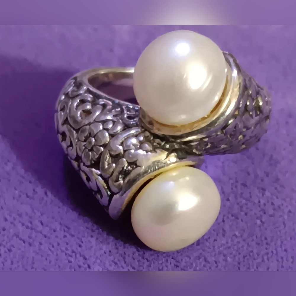 925 Double Pearl Etched Texture Style Ladies Ring Sz. 6
